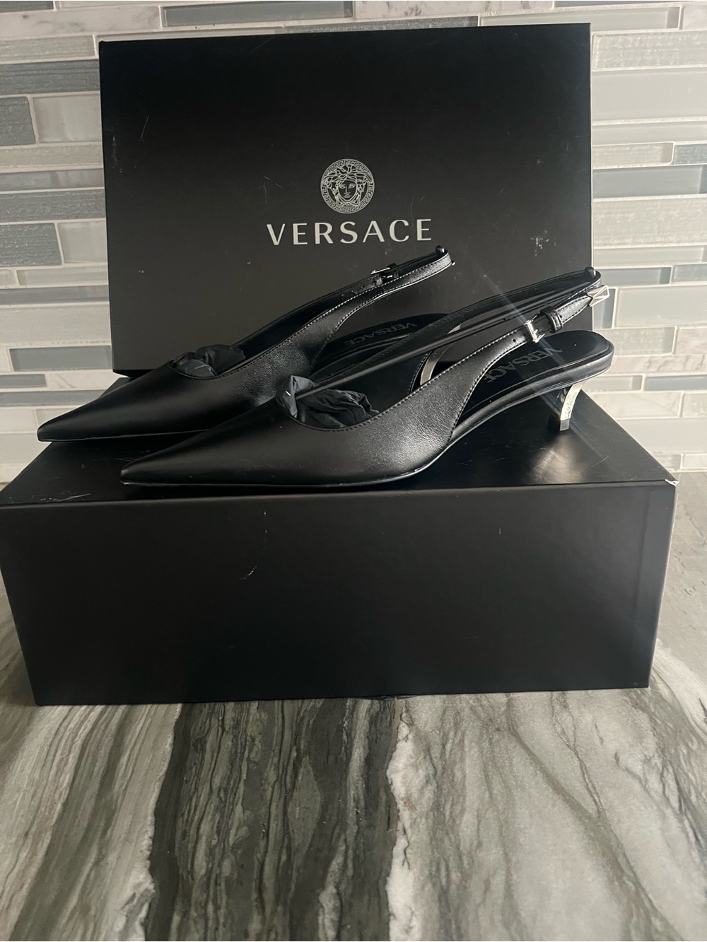 Versace Black Leather Pointed Slingback Heels with Silver Accent